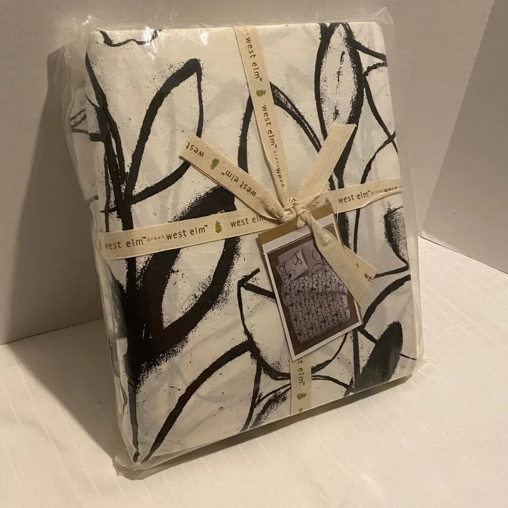 West Elm Green Organic Cotton-Brush Art Stroke Leaf Duvet Cover-King Size-New